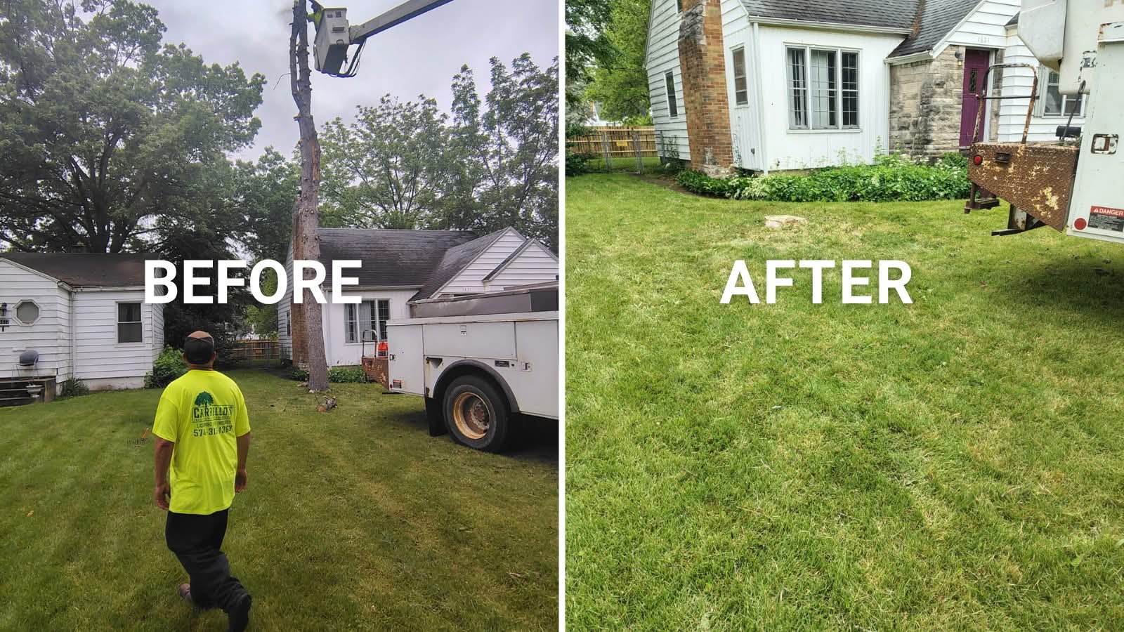 Before and after a tree removal: a dead tree beside a white house, then the same yard with the tree gone and the lawn clean