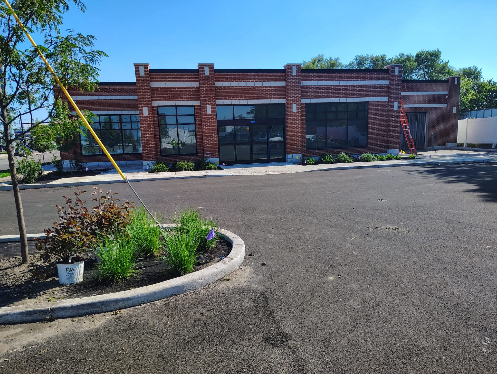 Planted island with grasses and shrubs in front of a new brick commercial building
