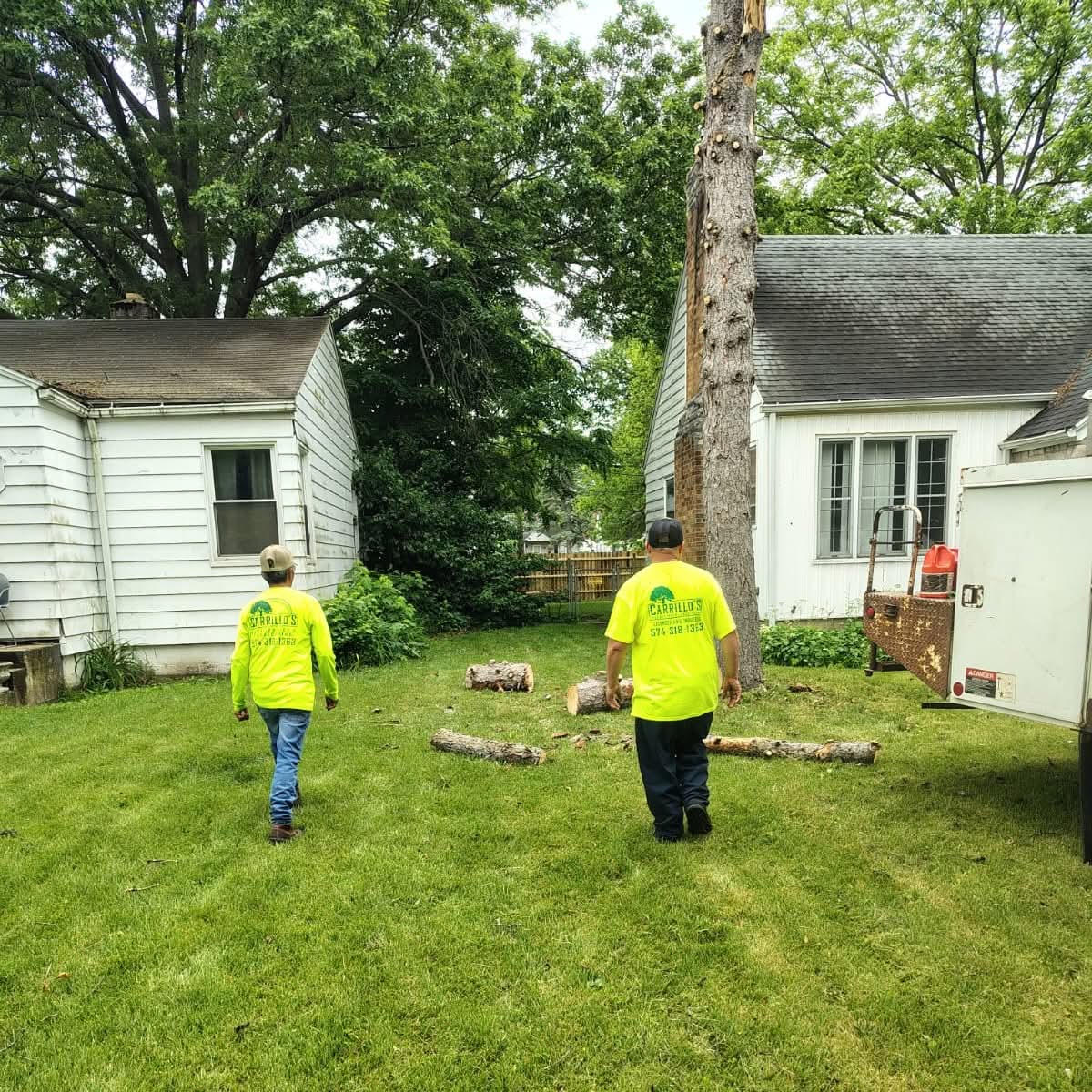 Two Carrillo’s crew members in lime shirts walking past cut logs in a backyard